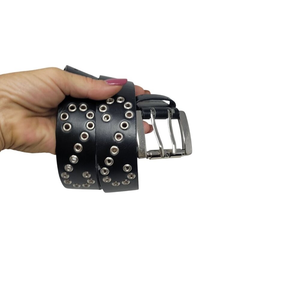 L.E.I. Black Double Grommet Belt Sz‎ L Leather Lined Studded Punk Emo Steampunk